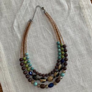 triple strand brown, green and blue necklace